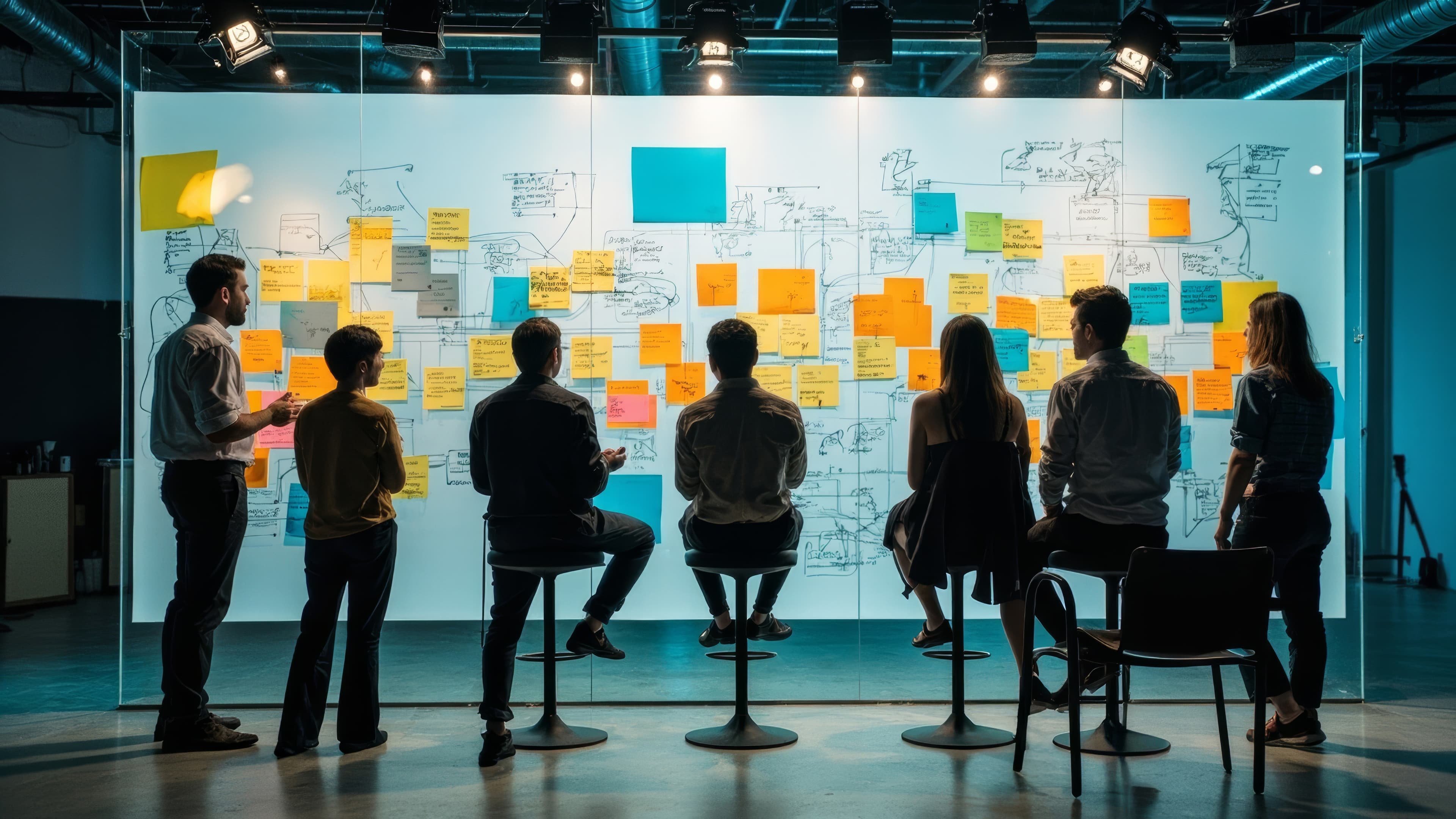 Team analysiert Strategie-Wand mit strukturierten Post-its