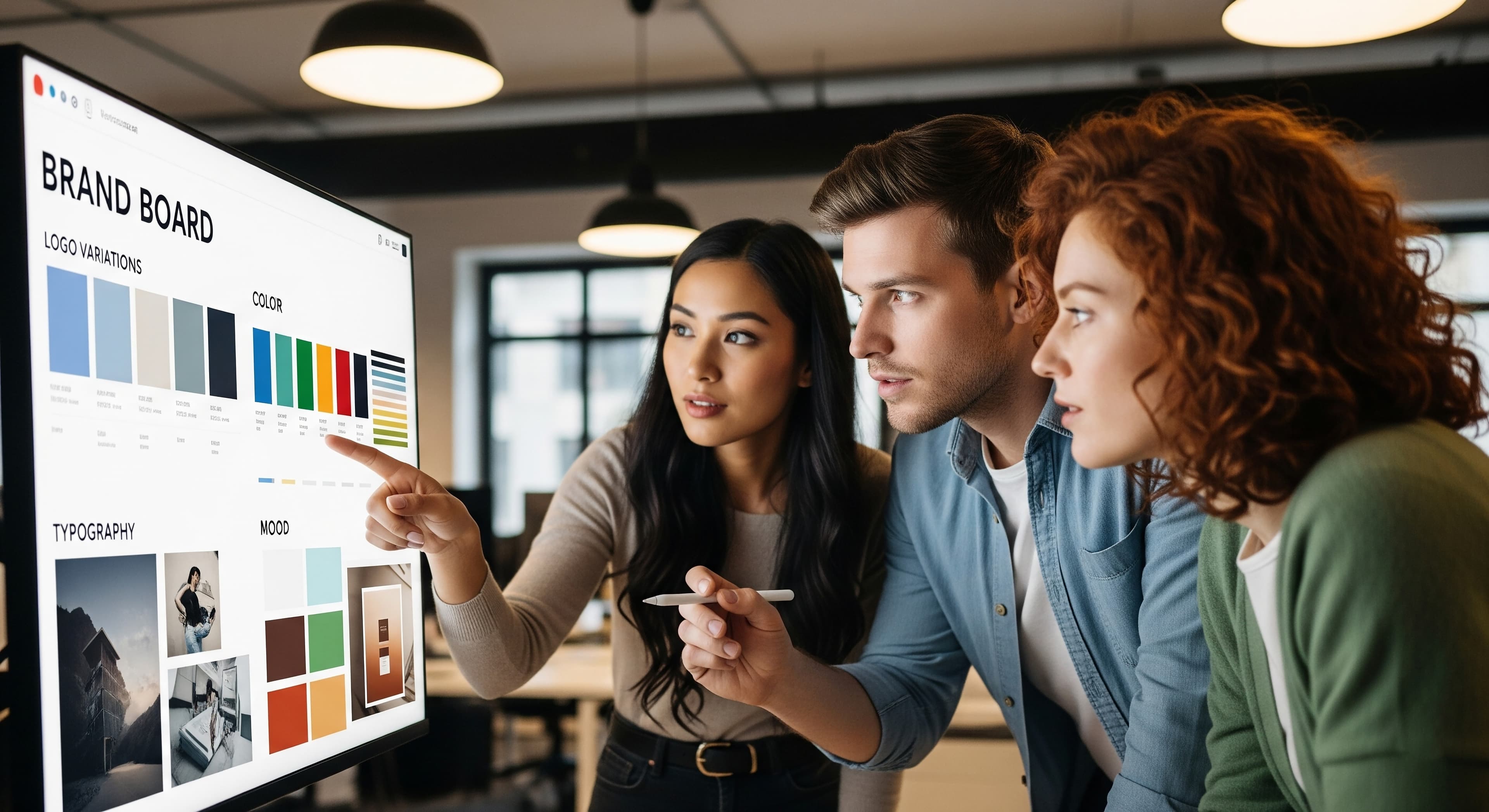 Corporate Design Agentur - Team arbeitet an Brand Board mit Logo, Farben und Typografie