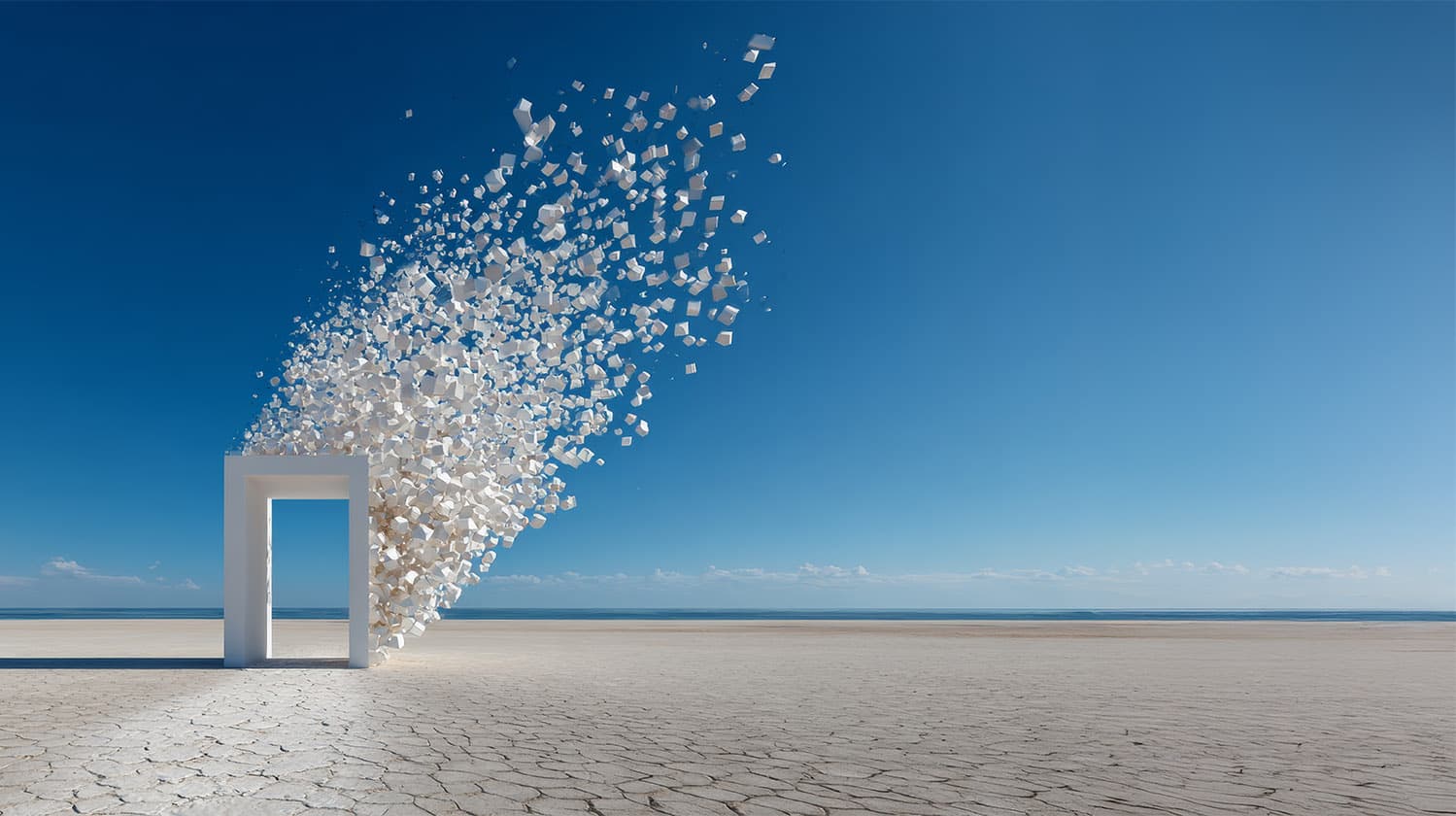 Weisse Tuer in Wuestenlandschaft mit aufsteigenden Wuerfeln - Metapher für den Wandel von statischer Suche zu KI-Antworten