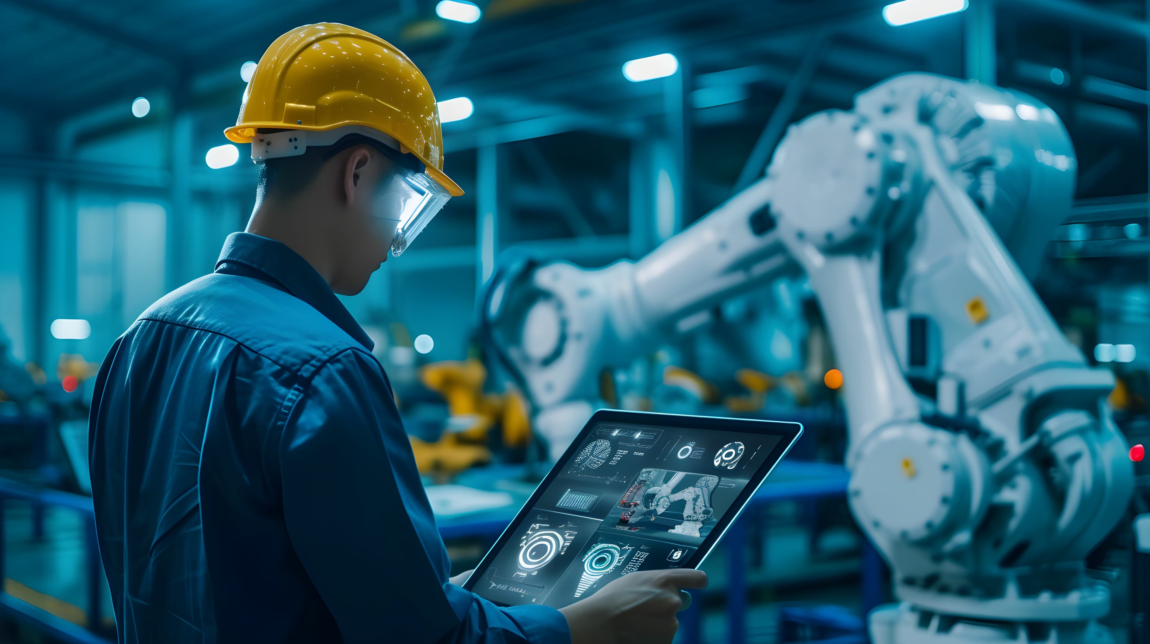 Ingenieur mit Tablet vor Industrieroboter - Digitalisierung im technischen B2B