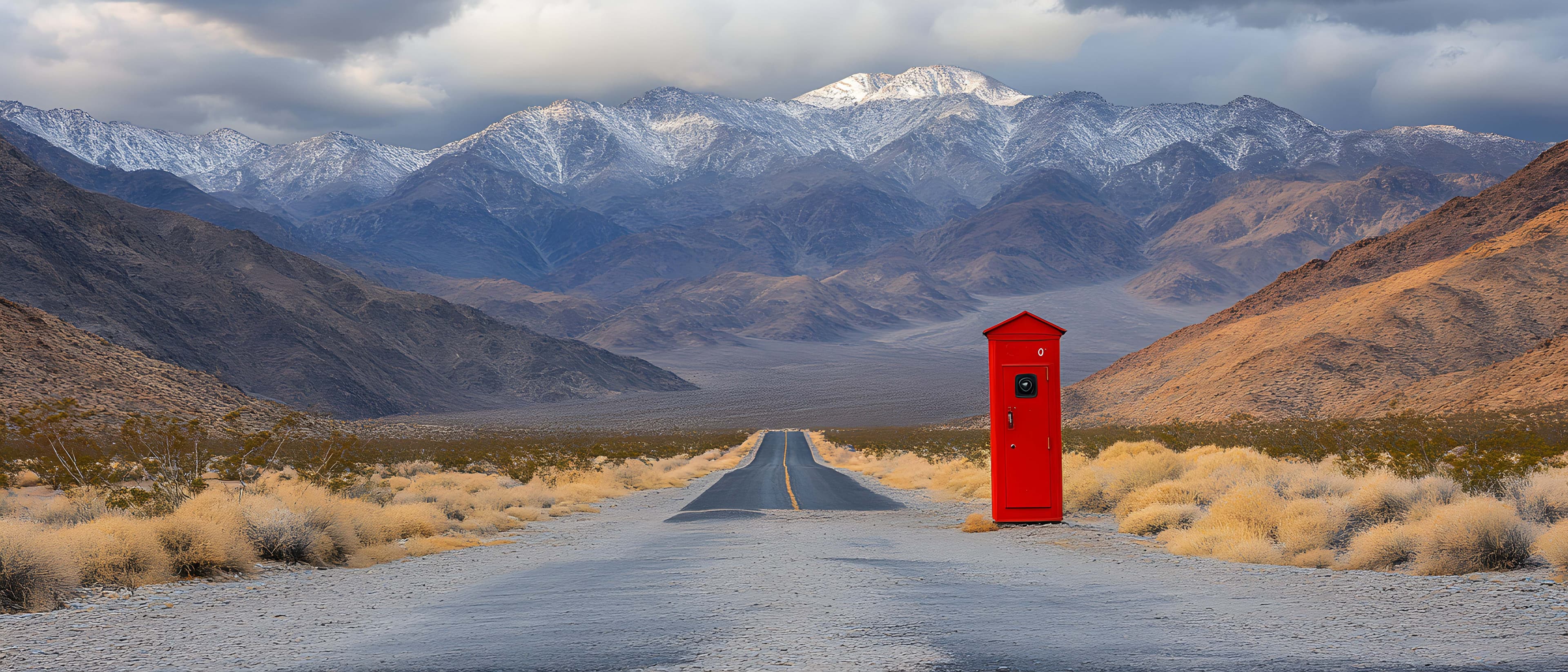 Rote Telefonzelle in einsamer Wüstenlandschaft – Metapher für Differenzierung im Campingmarkt