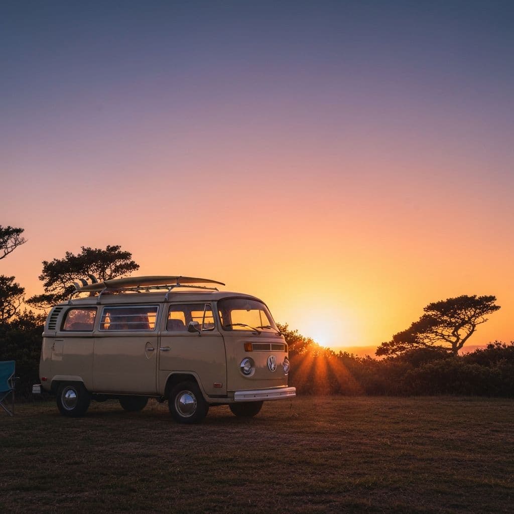 Türkisfarbener VW-Bulli mit Surfboards bei Sonnenuntergang – Symbol für Ingredient Branding im Campingmarkt