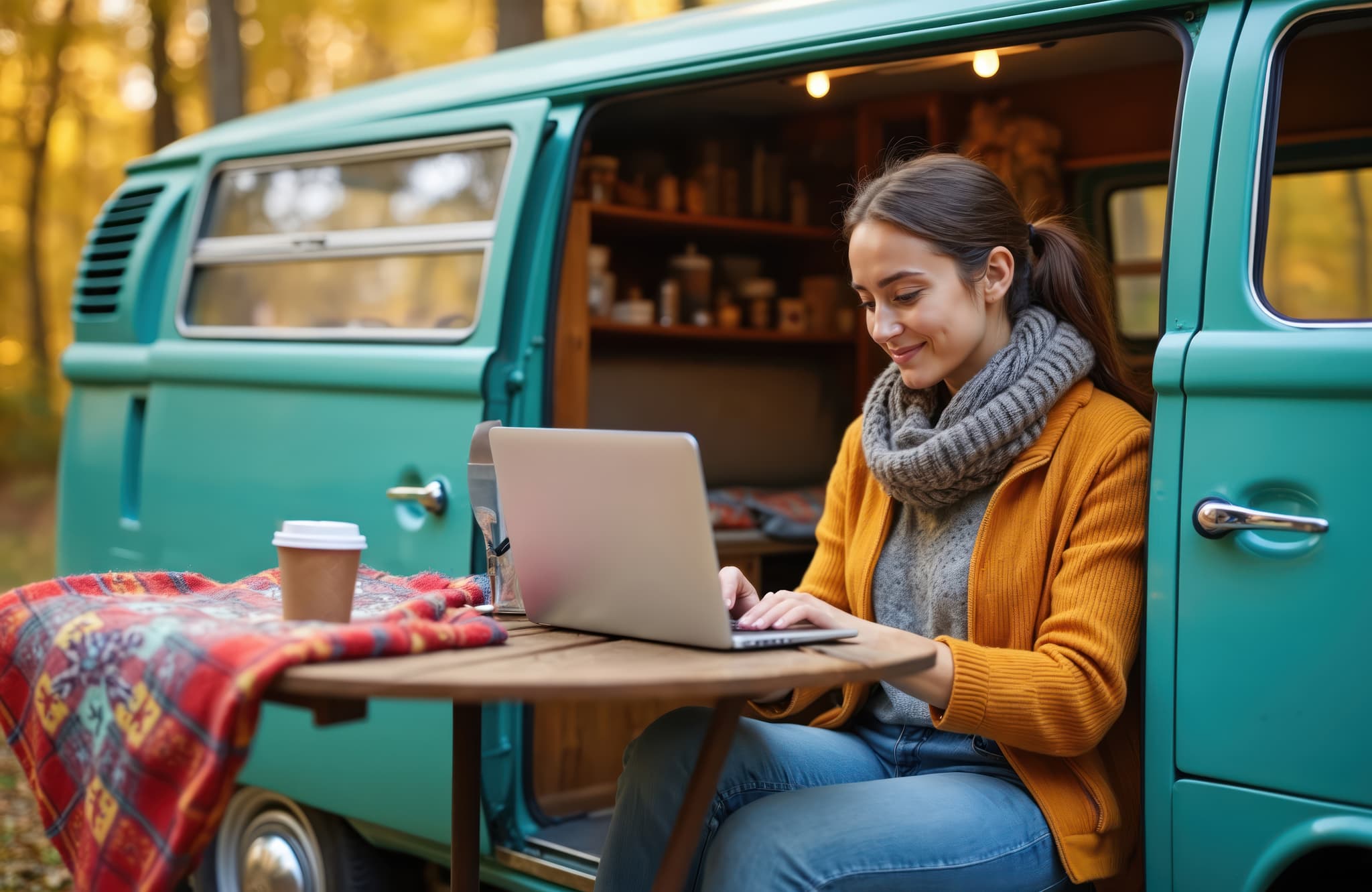 Frau arbeitet am Laptop vor türkisfarbenem VW-Bulli – Digitale Sichtbarkeit für Camping-Marken