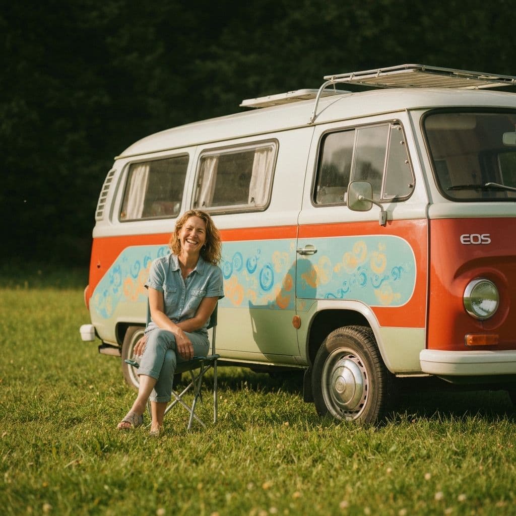 Frau lehnt fröhlich aus Wohnwagen bei Sonnenuntergang und macht Herz-Geste – emotionale Verbindung im Camping