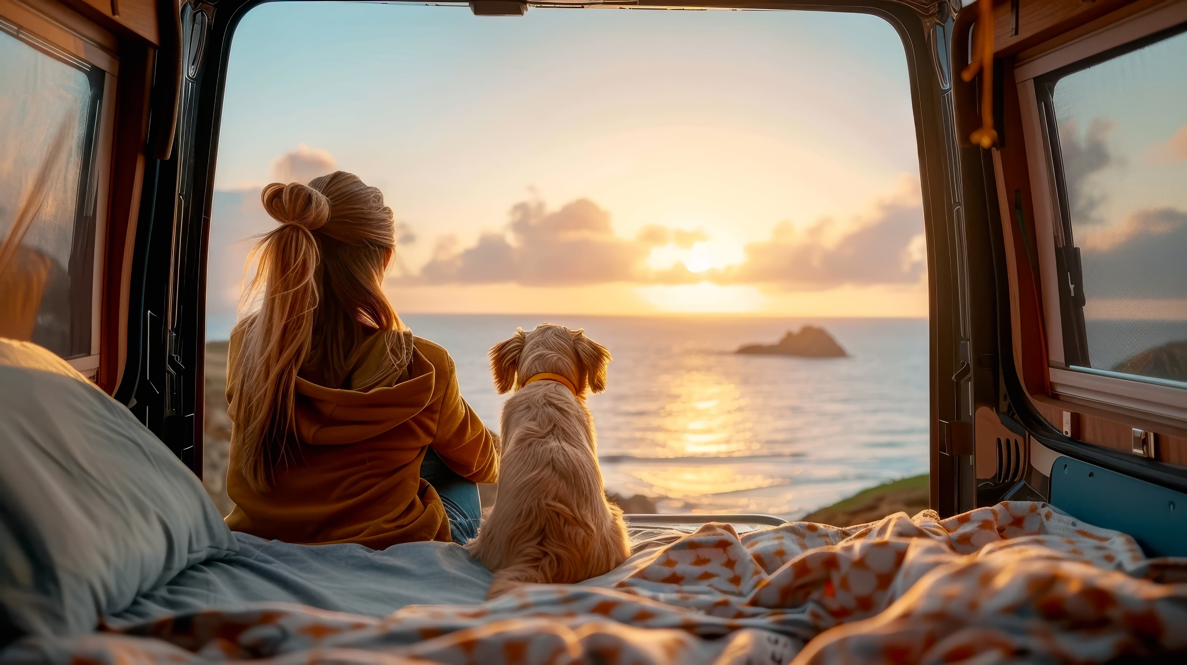 Frau mit Hund im Wohnwagen bei Sonnenuntergang – Emotionale Markenerlebnisse