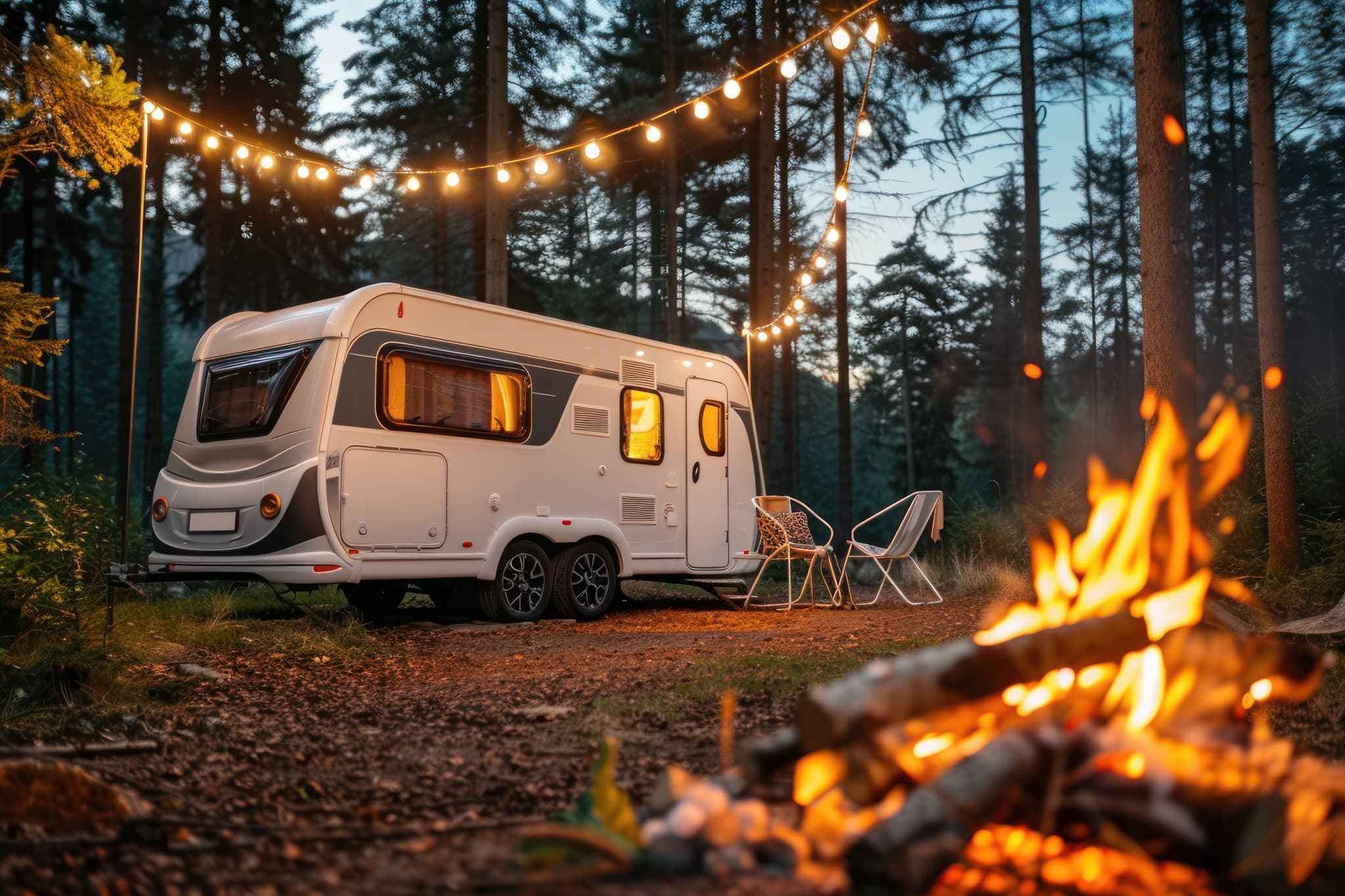 Wohnwagen im Wald mit Lichterketten und Lagerfeuer – Markenführung in der Campingbranche