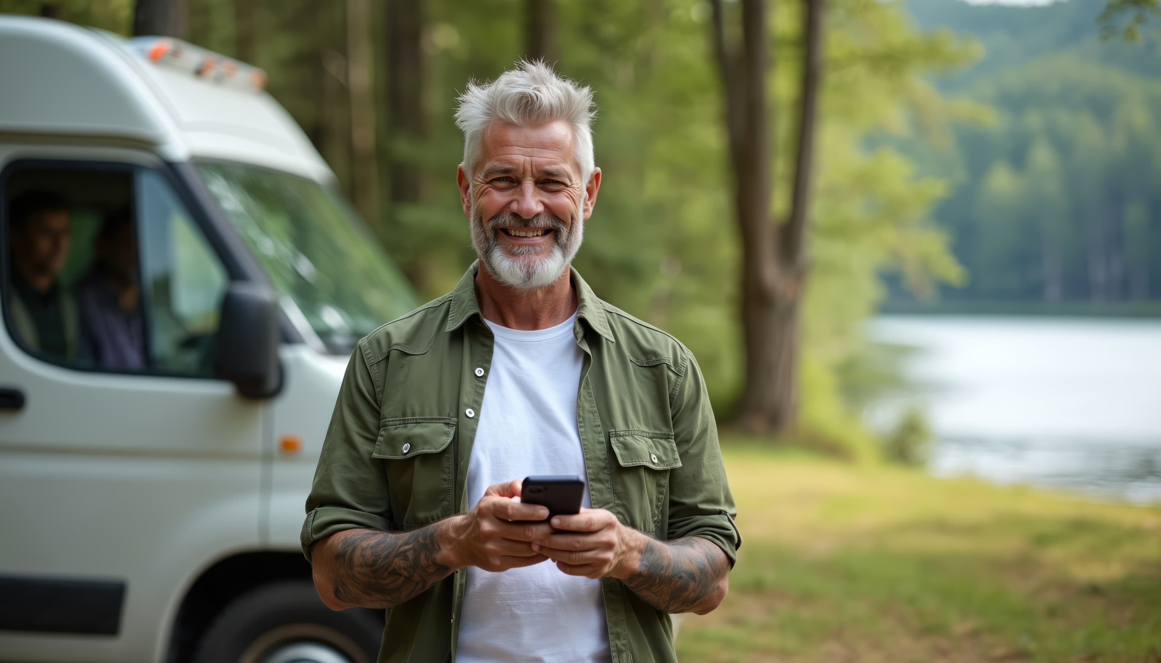 Reifer Camper mit Smartphone vor Wohnmobil – digitale Suchverhaltensweise
