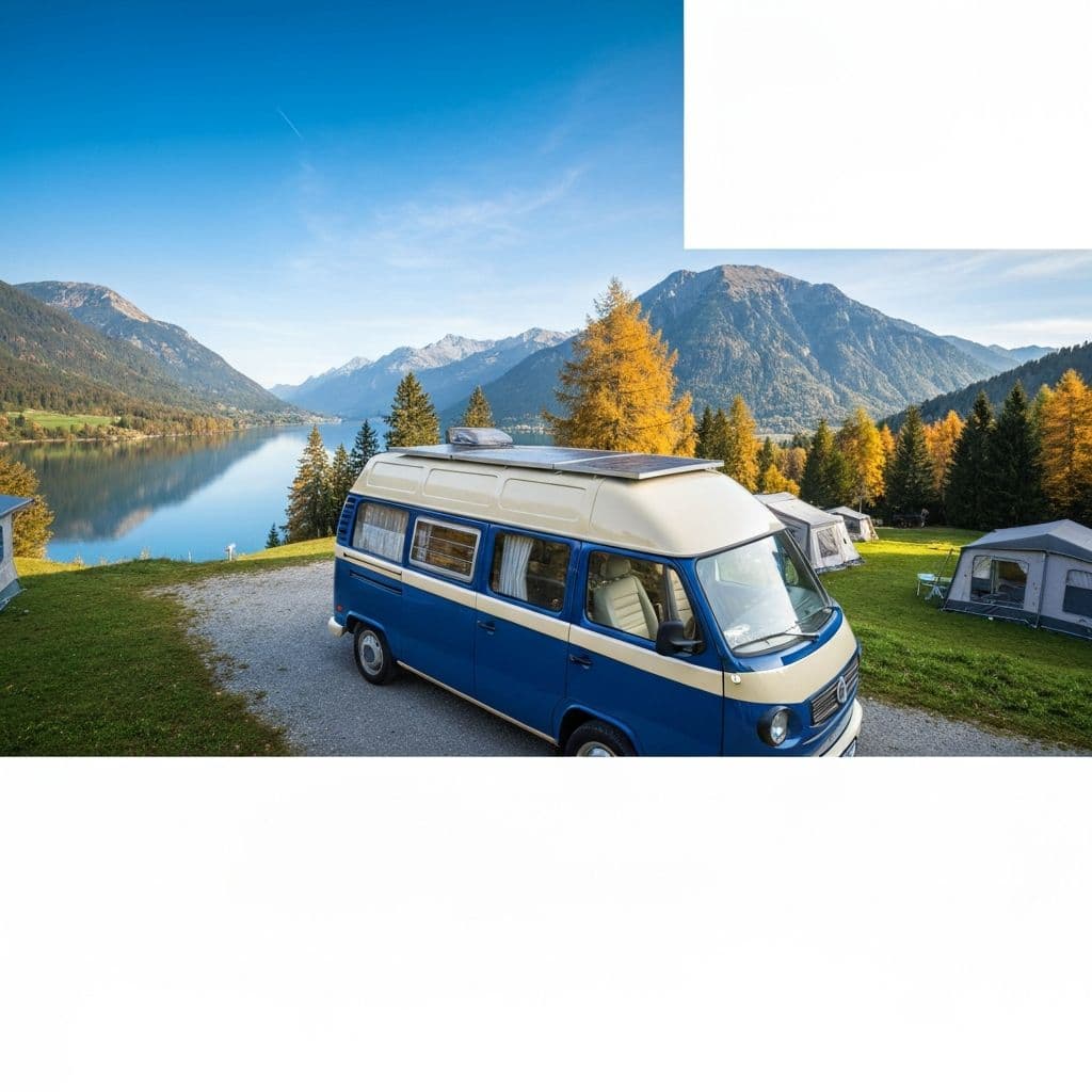 VW-Bulli mit Solarpanelen am Bergsee