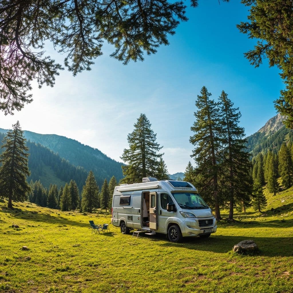 Solarmodul vor Wohnmobil auf Campingplatz – Nachhaltigkeit im Camping