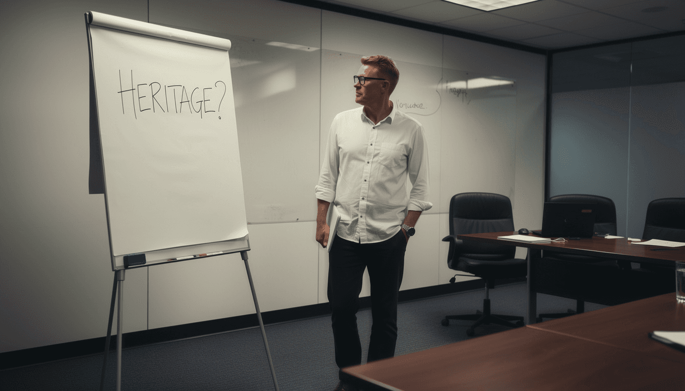 Heritage in der Markenführung – Mann vor Flipchart mit der Frage Heritage?