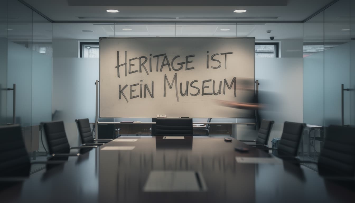 Whiteboard in Konferenzraum: Heritage ist kein Museum