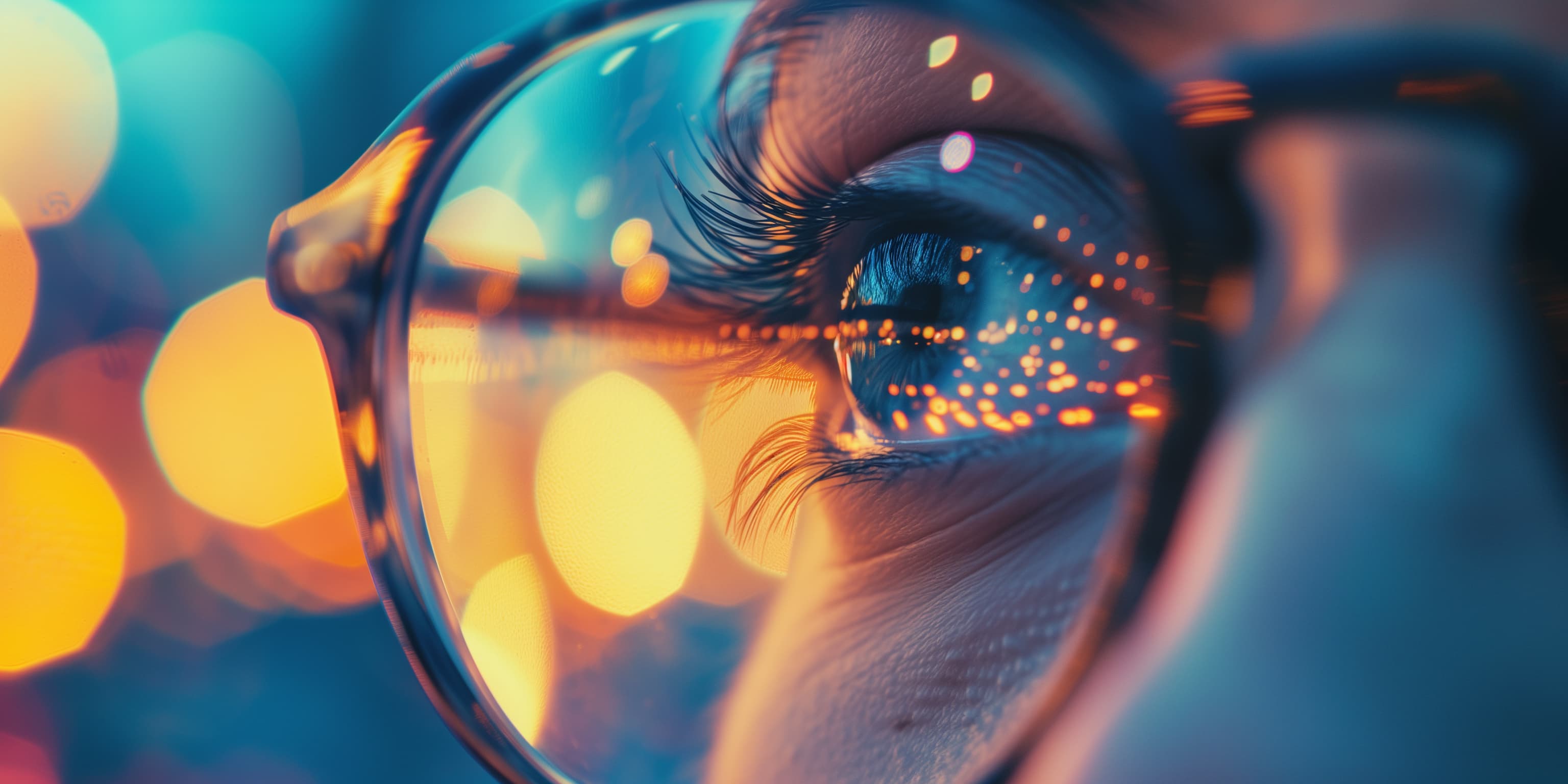 Auge durch Brille mit Bokeh-Lichtern – klare Vision im B2B