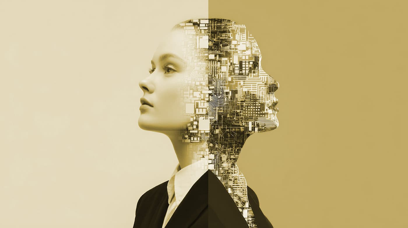 Frau mit Technologie-Overlay – Symbol für die Verbindung von Menschlichkeit und KI-Transformation