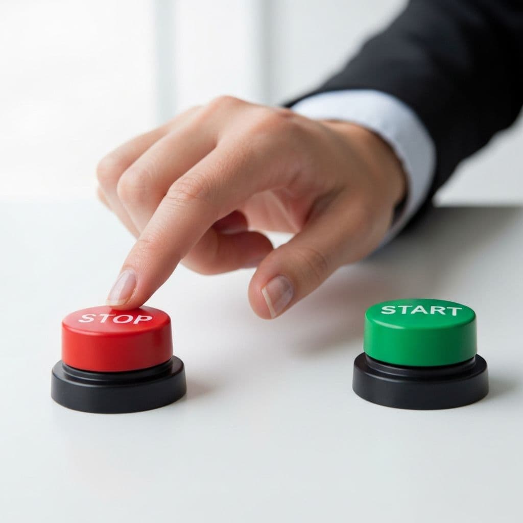 Hand auf rotem Stop-Button neben grüner Start-Taste. Spannung vor der Entscheidung.