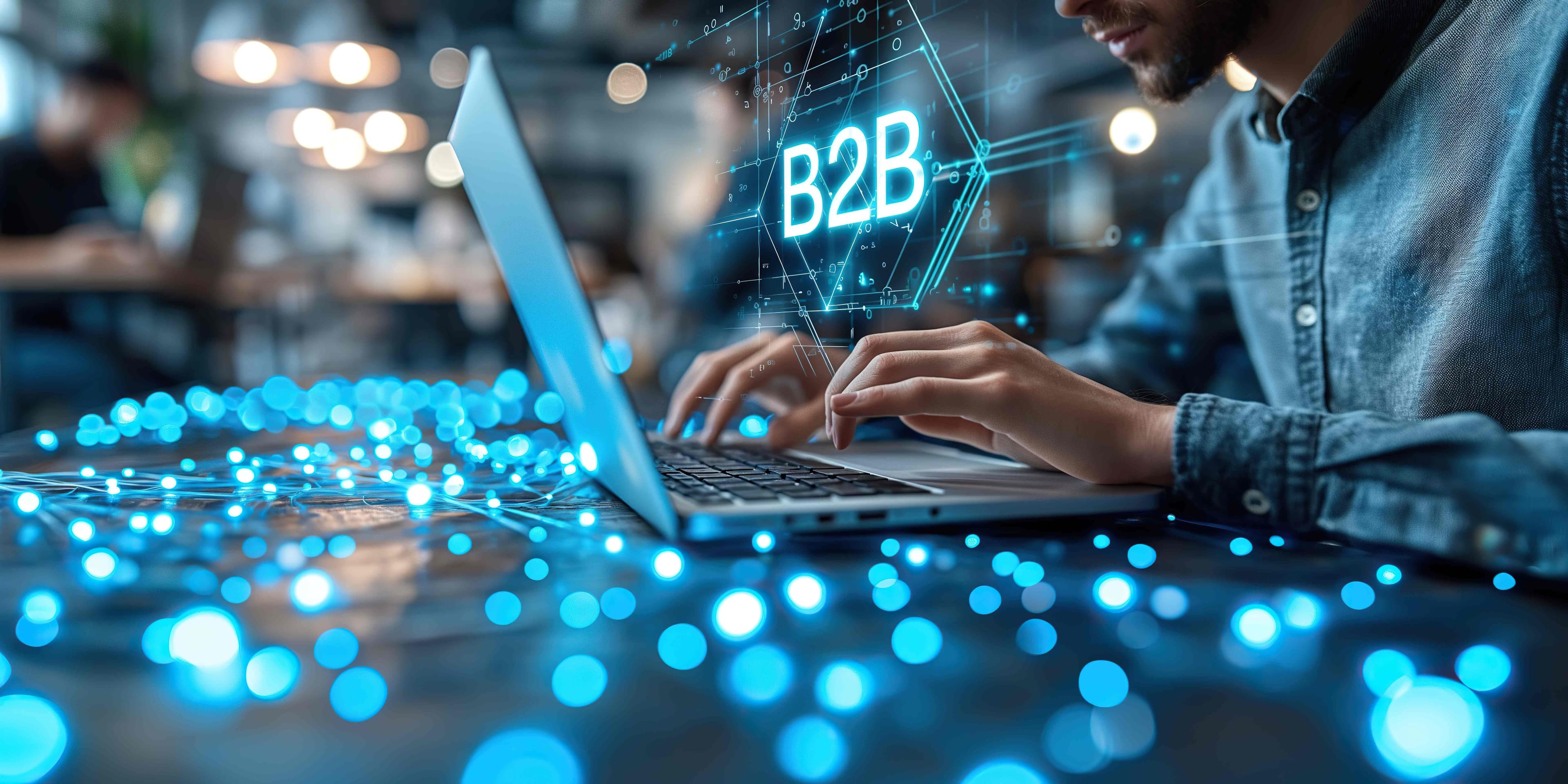 Person am Laptop mit holografischem B2B-Logo – digitale B2B-Kommunikation