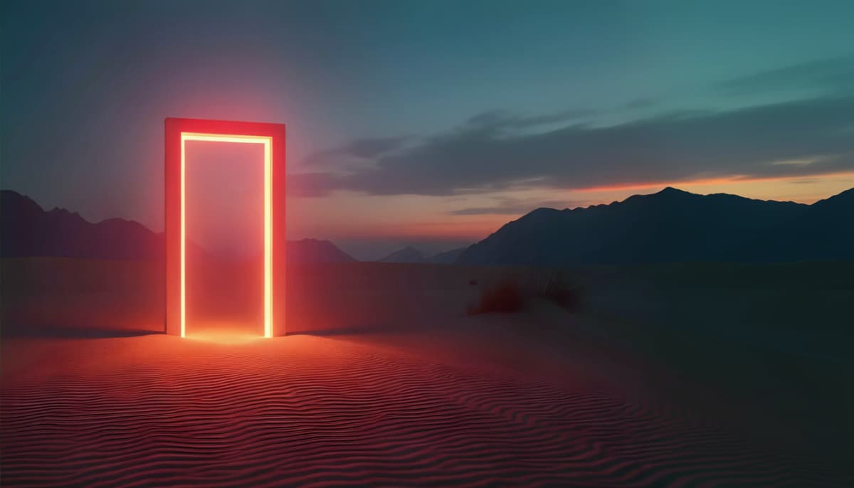 Leuchtendes Portal in der Wüste als Sinnbild für den Weg zu Markenklarheit