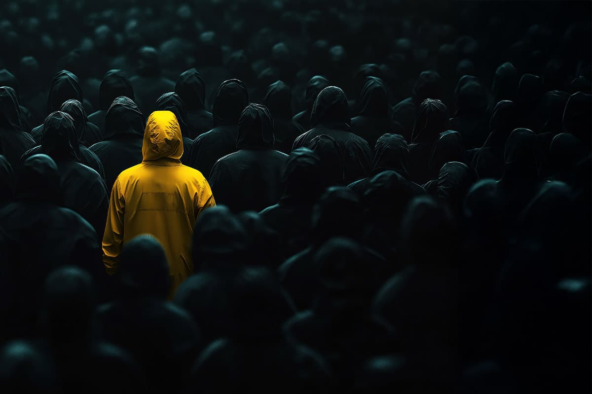 Person in gelber Jacke sticht aus dunkler Menge hervor - Metapher für Sichtbarkeit durch Digital PR