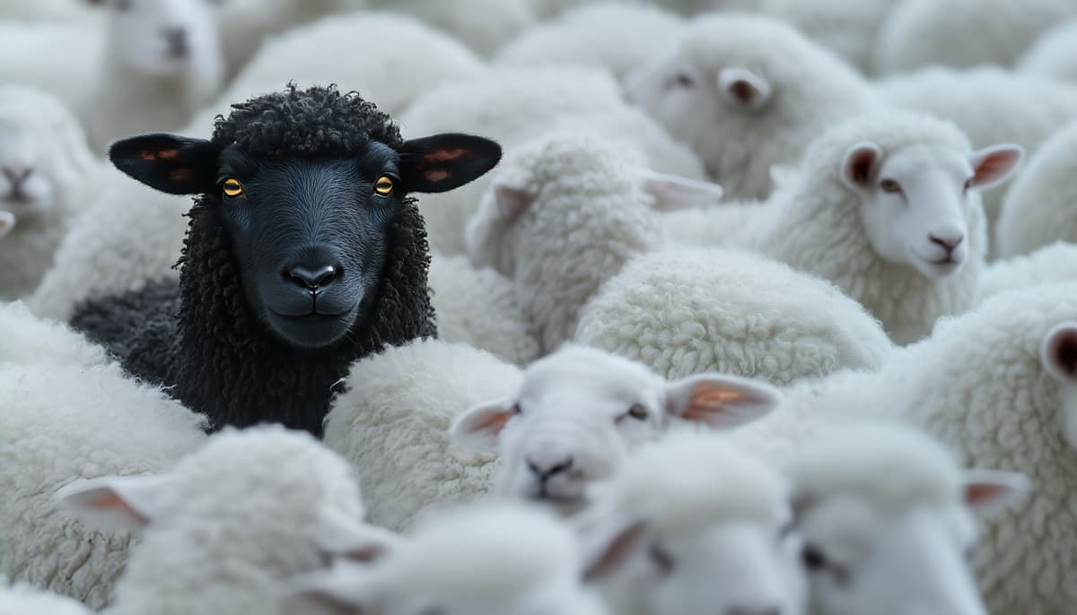 B2B-Markenführung: Ein schwarzes Schaf unter weißen Schafen als Symbol für Differenzierung und Markenklarheit