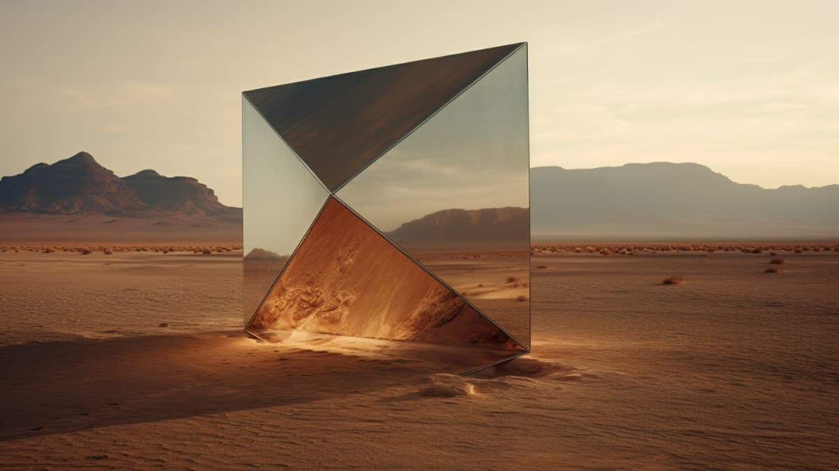 Geometrische Spiegelform in der Wüste als Metapher für klare Markenpositionierung