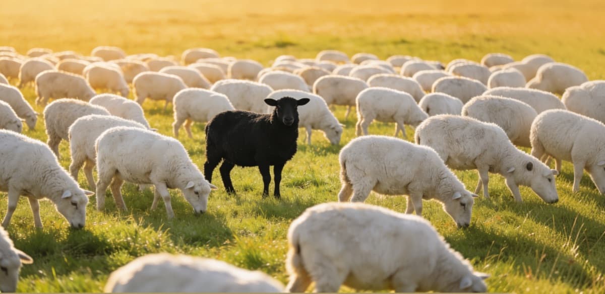 Schwarzes Schaf steht heraus in einer Herde weißer Schafe - Symbol für Themenführerschaft und Differenzierung