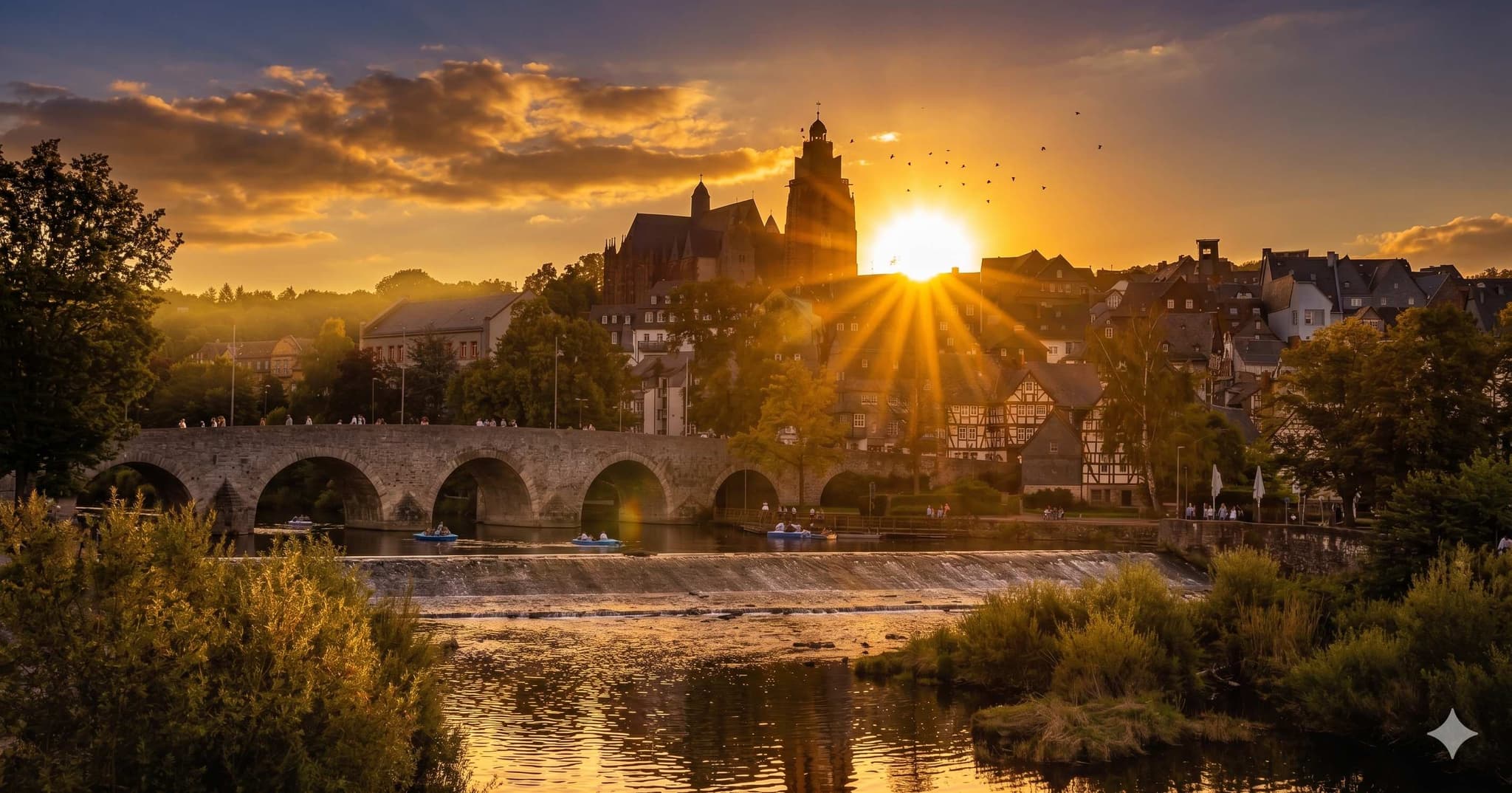 Wetzlar Altstadt mit Dom und Lahnbrücke bei Sonnenuntergang