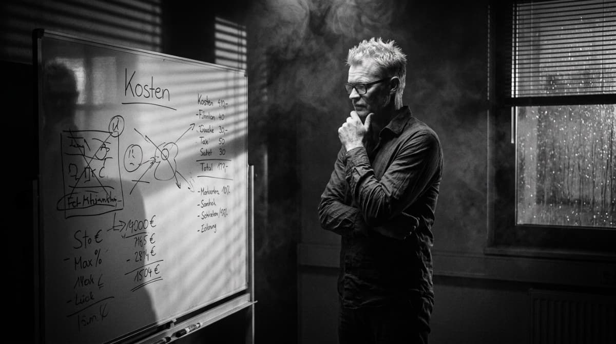 Mann analysiert Kosten am Whiteboard - Werbeagentur Kostenplanung