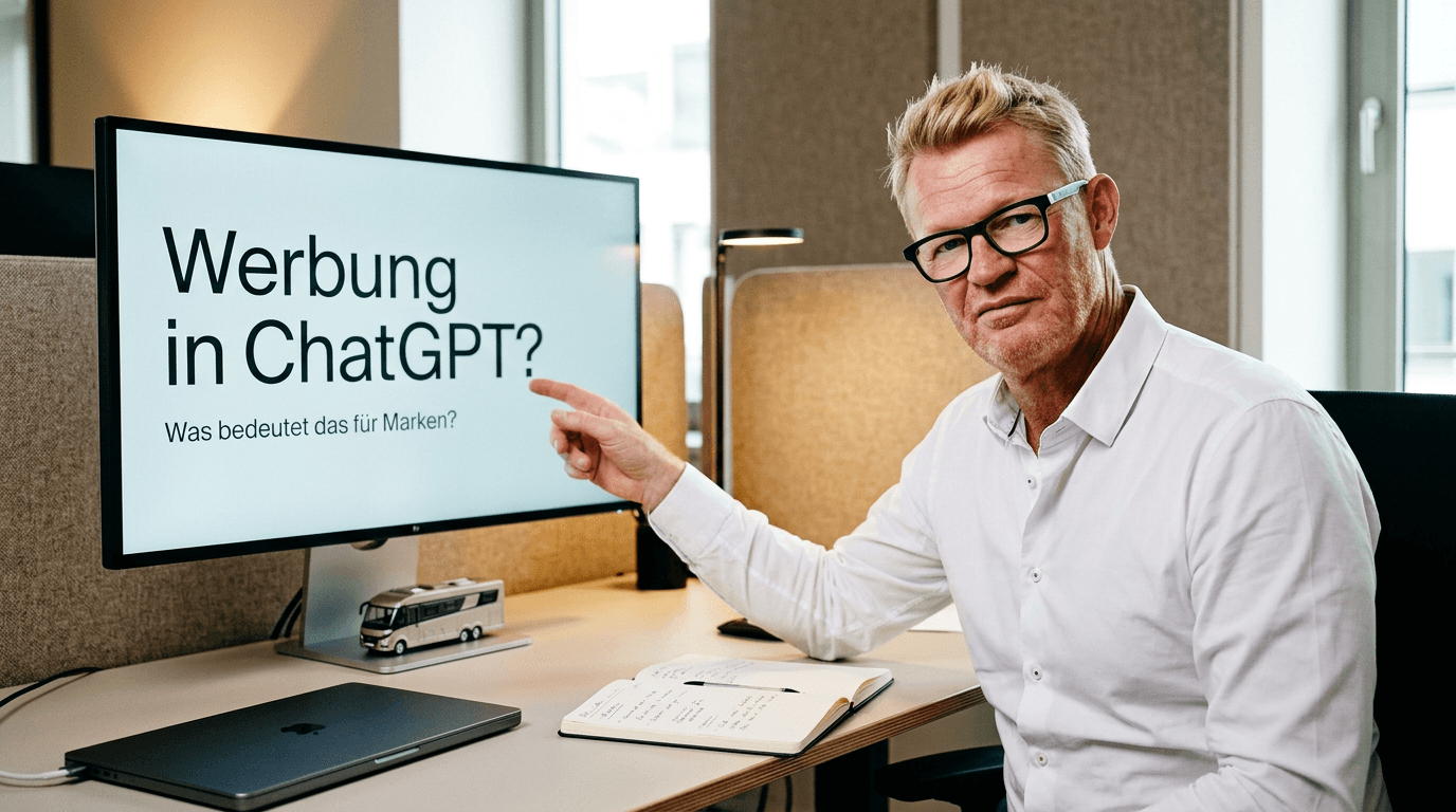 Mann im Büro zeigt auf einen Bildschirm mit der Frage „Werbung in ChatGPT?“