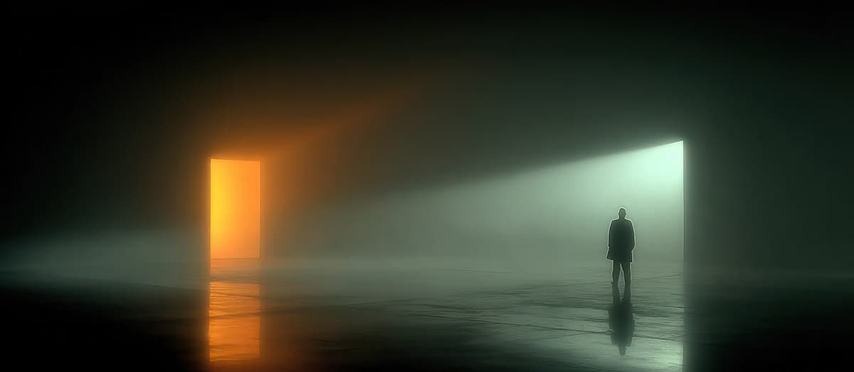 Person im Nebel zwischen warmem und kühlem Licht - Orientierung in der KI-Ära