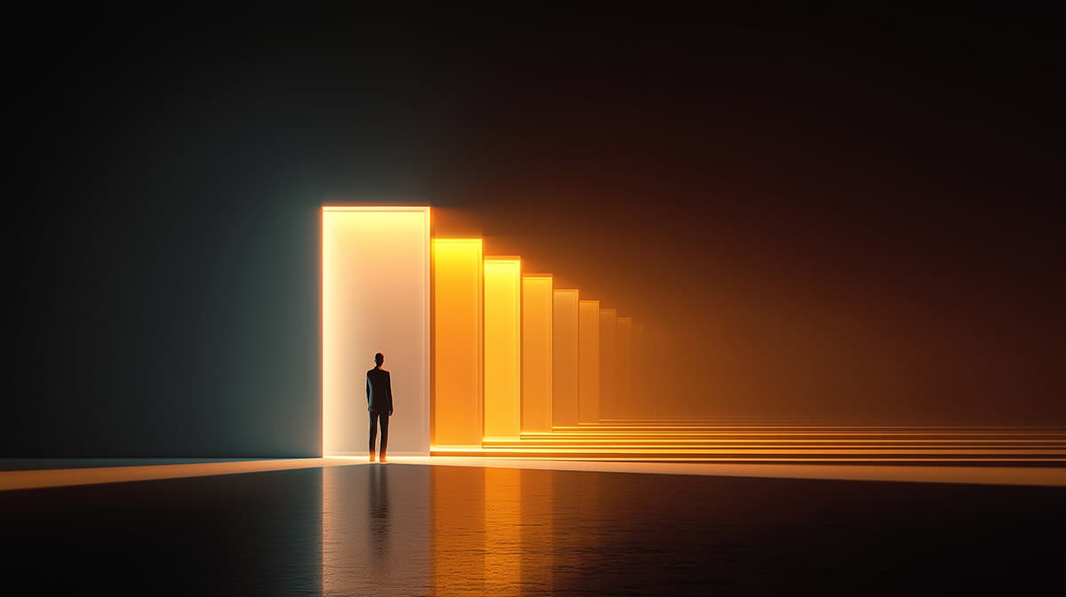 Person vor leuchtenden goldenen Türen - Metapher für Conversion und Zugang
