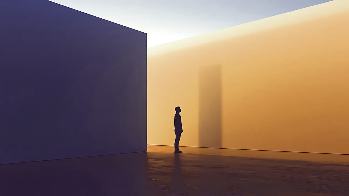 Silhouette zwischen Schatten und Licht - Metapher für klare Positionierung