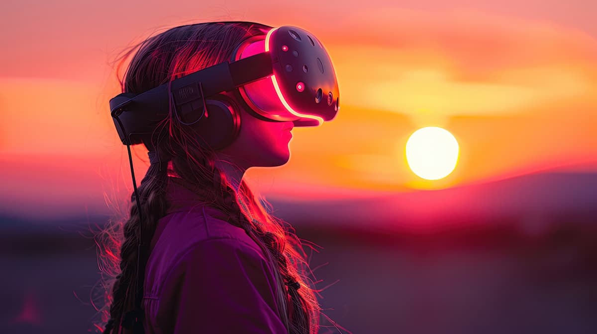 Frau mit VR-Headset vor Sonnenuntergang - die neue Art der Suche