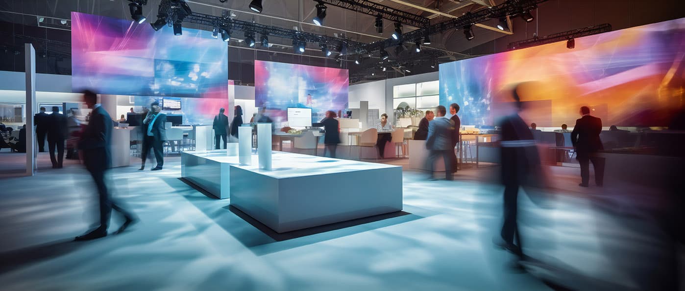 Moderne Messehalle mit leuchtenden Displays und Besuchern in Bewegung