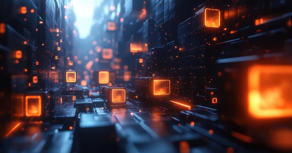 Digitale PR-Infrastruktur - leuchtende Datenblöcke in einer futuristischen Netzwerkstruktur