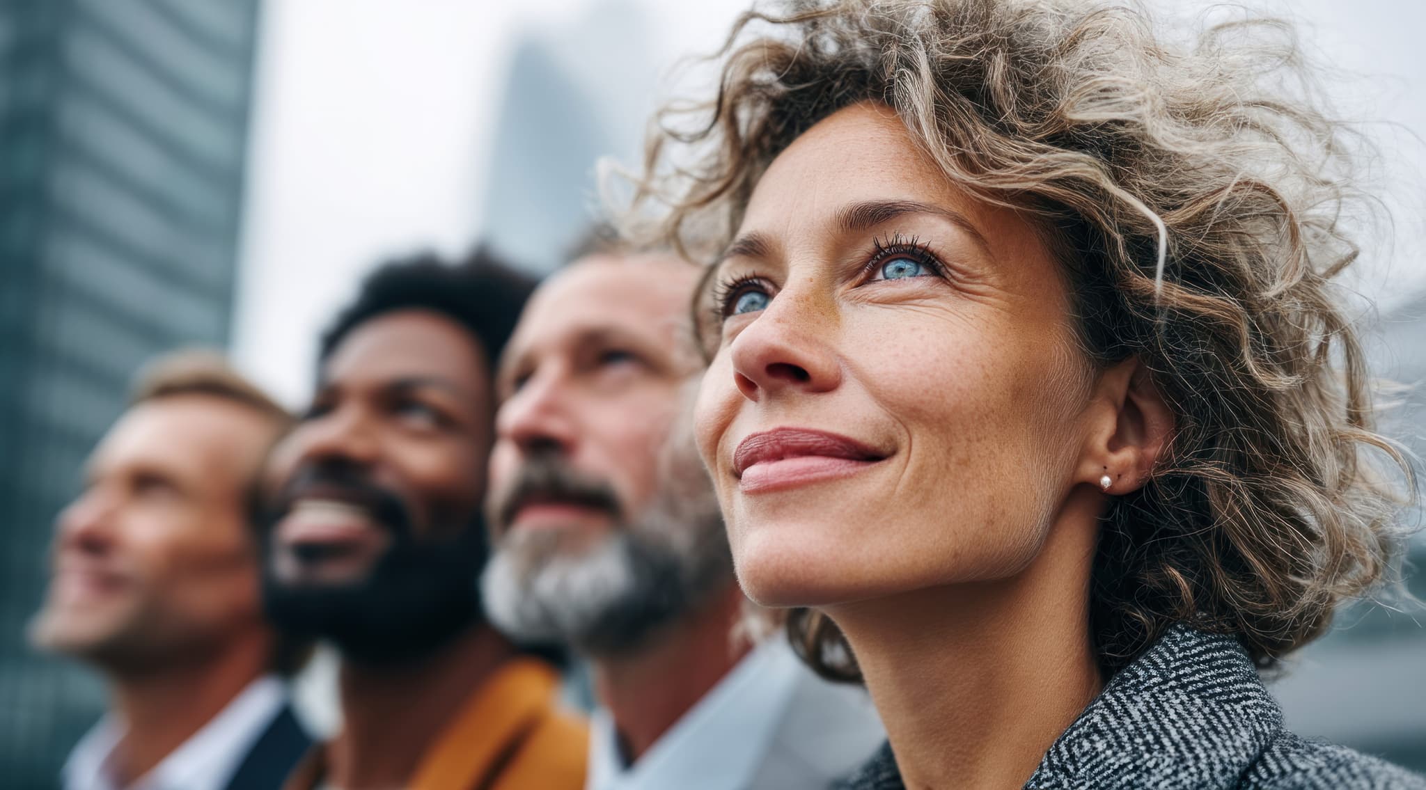 Diverse Team blickt nach oben - Vision und Perspektive