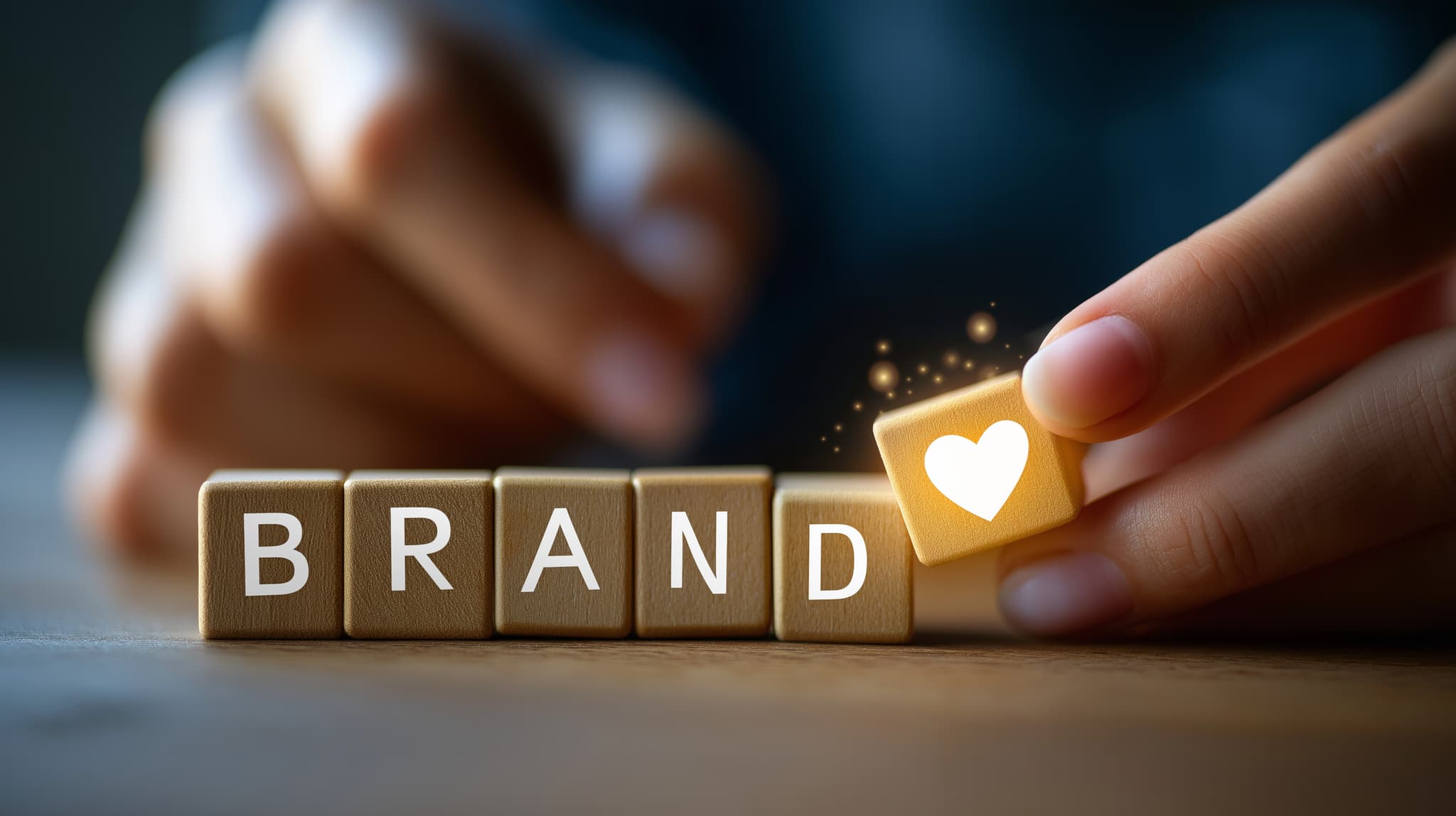 B2B Marke mit Herz - Goldene Holzwürfel buchstabieren BRAND, Hand platziert Würfel mit Herz-Symbol