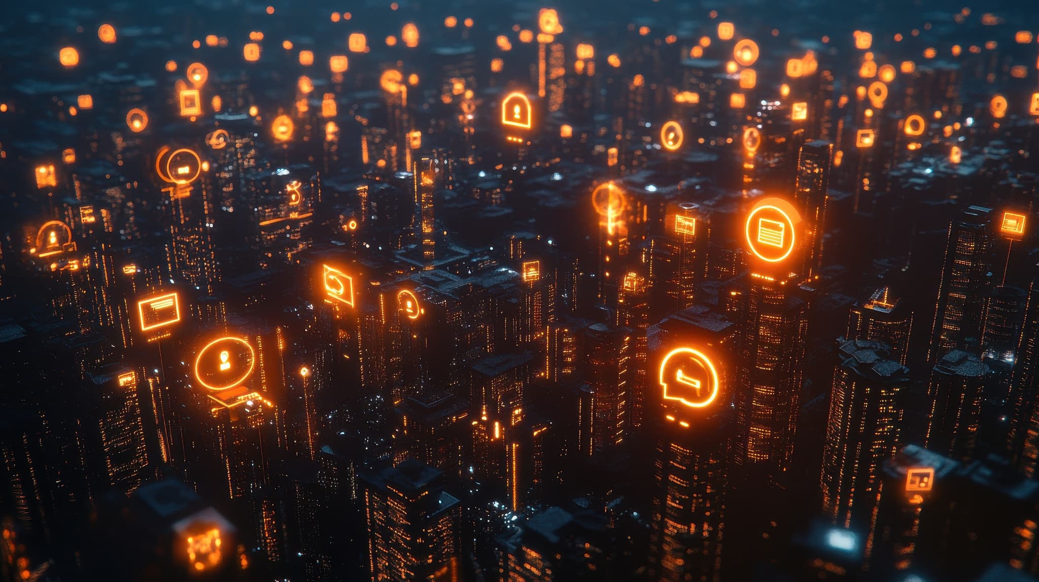Digitale B2B-Vernetzung – vernetzte Stadt mit leuchtenden Kommunikations-Icons