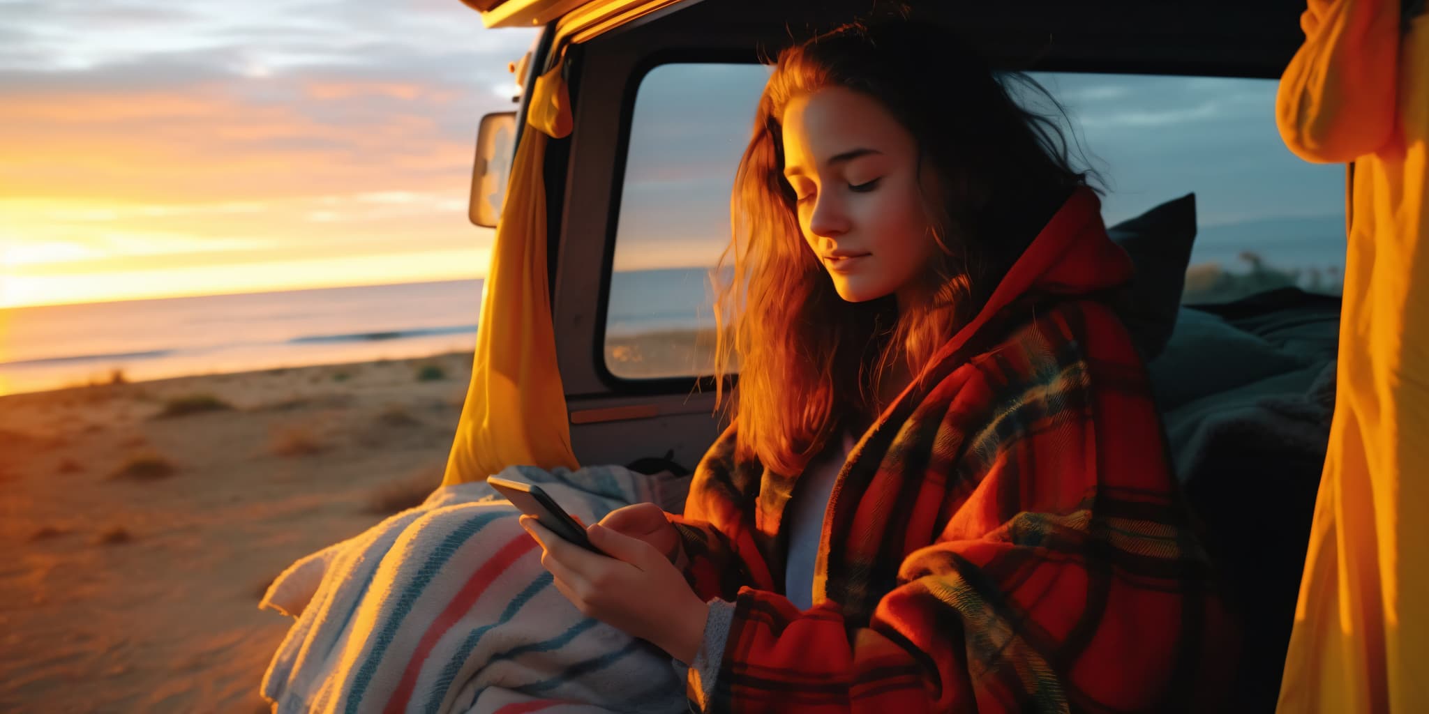 Frau nutzt Smartphone im Bulli am Strand - Community und digitale Vernetzung beim Camping