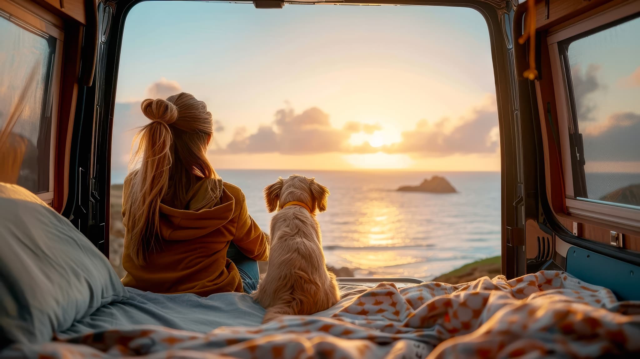 Frau mit Hund im Wohnwagen bei Sonnenuntergang – Emotionale Markenerlebnisse