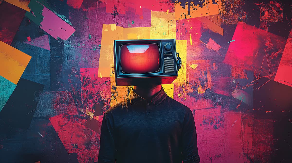 Surreale Darstellung einer Person mit TV-Kopf - symbolisiert KI-Wildwuchs in der Unternehmenskommunikation