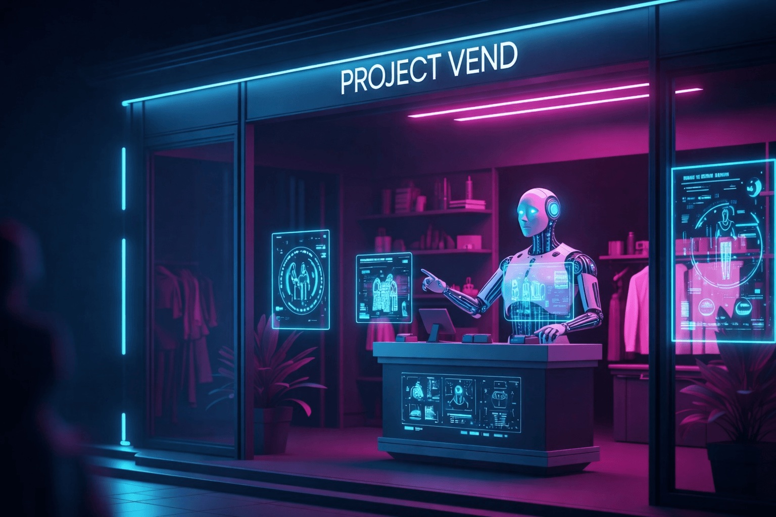 Project Vend - Futuristischer Roboter führt autonomen Shop mit neonbeleuchteter Oberfläche