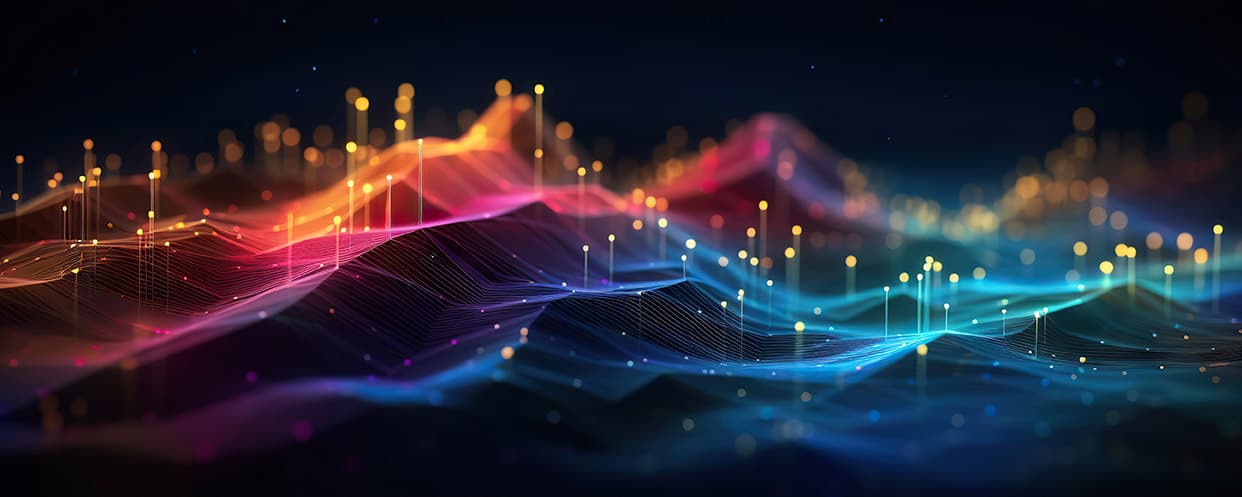 Abstrakte Datenlandschaft mit leuchtenden Wellen als Symbol für datengetriebene Sichtbarkeit und Proof